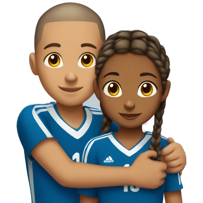 Medium brown girl with long braids hugging boy in soccer uniform with a buzz cut emoji