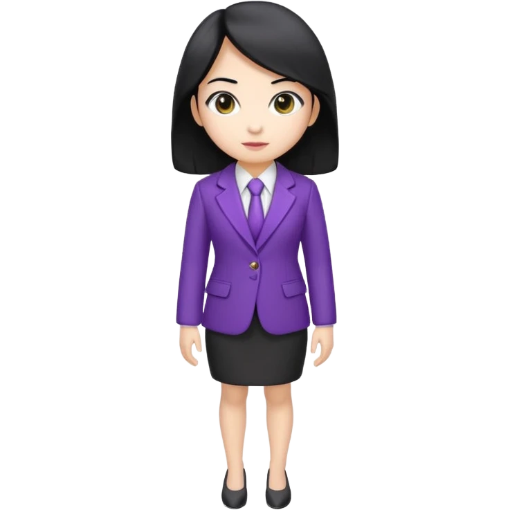 a full body mascot emoji of an Asian female with white skin, big eyes, middle-length black hair which is right at the shoulder, wearing purple business coat and formal suit. Cartoon style. Based on https://attic.sh/fo2aiwi8rc6a78g57vqif7y6z117 emoji