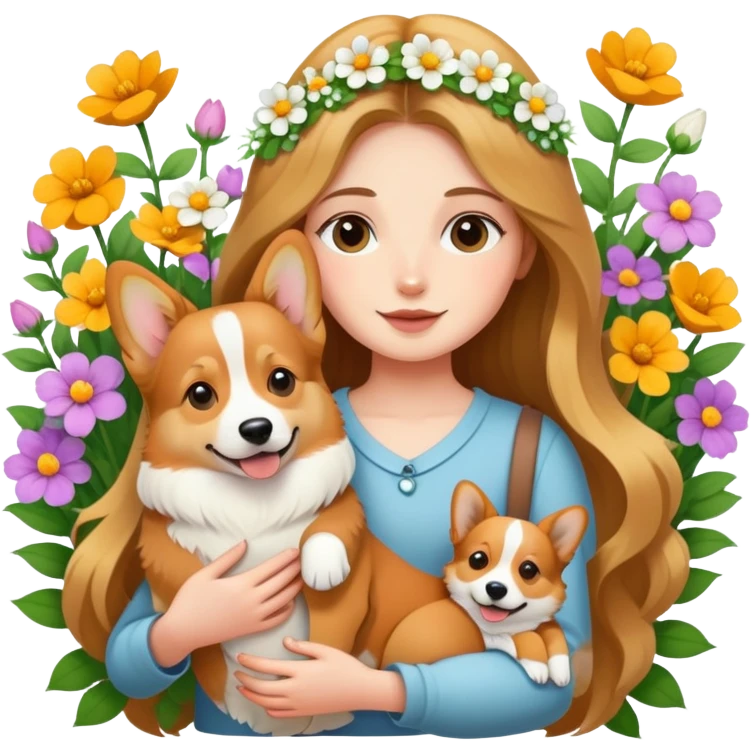 A long-haired girl holding a corgi in the flowers emoji