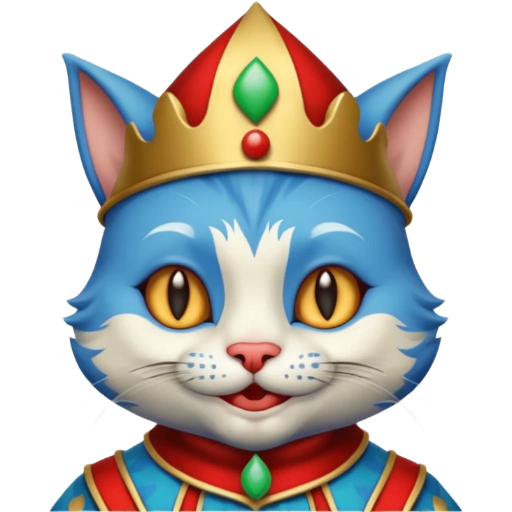 crazy colorful cute little cat jolly joker from poker, medieval, vintage, court jester, mac os icon, blue color emoji