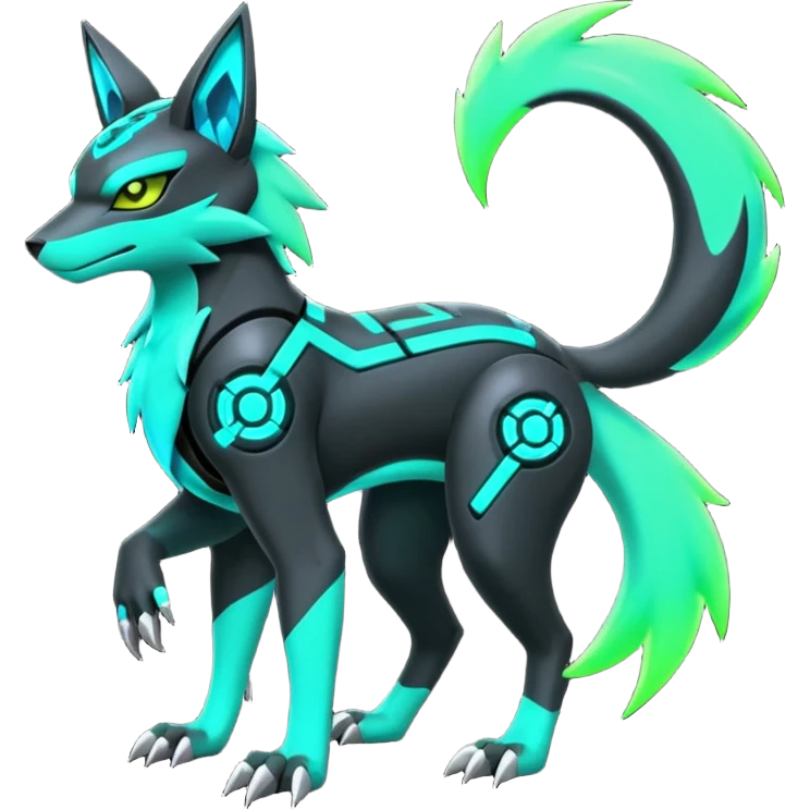 Black and green cyberpunk intricate neon glowing grey white futuristic cyborg-Zeraora-Zoroark-Umbreon-Litten-Salandit-fusion (full body) emoji