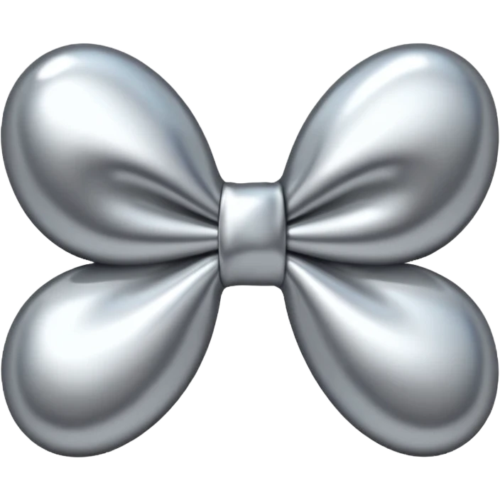 A cute bow emoji made of polished silver chrome, smooth rounded loops, glossy metallic surface, soft mirror reflections, subtle highlights, minimal and adorable proportions, iOS emoji style, centered composition, clean white background, soft studio lighting, no text, no outline, ultra high quality emoji