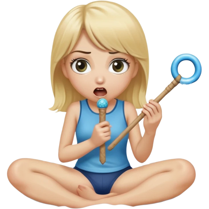 blond woman sitting on her knees with wide eyes, holding a wide skin-colored stick with a D-shaped knob, the stick and the nob have skin texture, water squirting from the knob into her mouth, shocked face, the knob is coming out of pants hanging next to her emoji