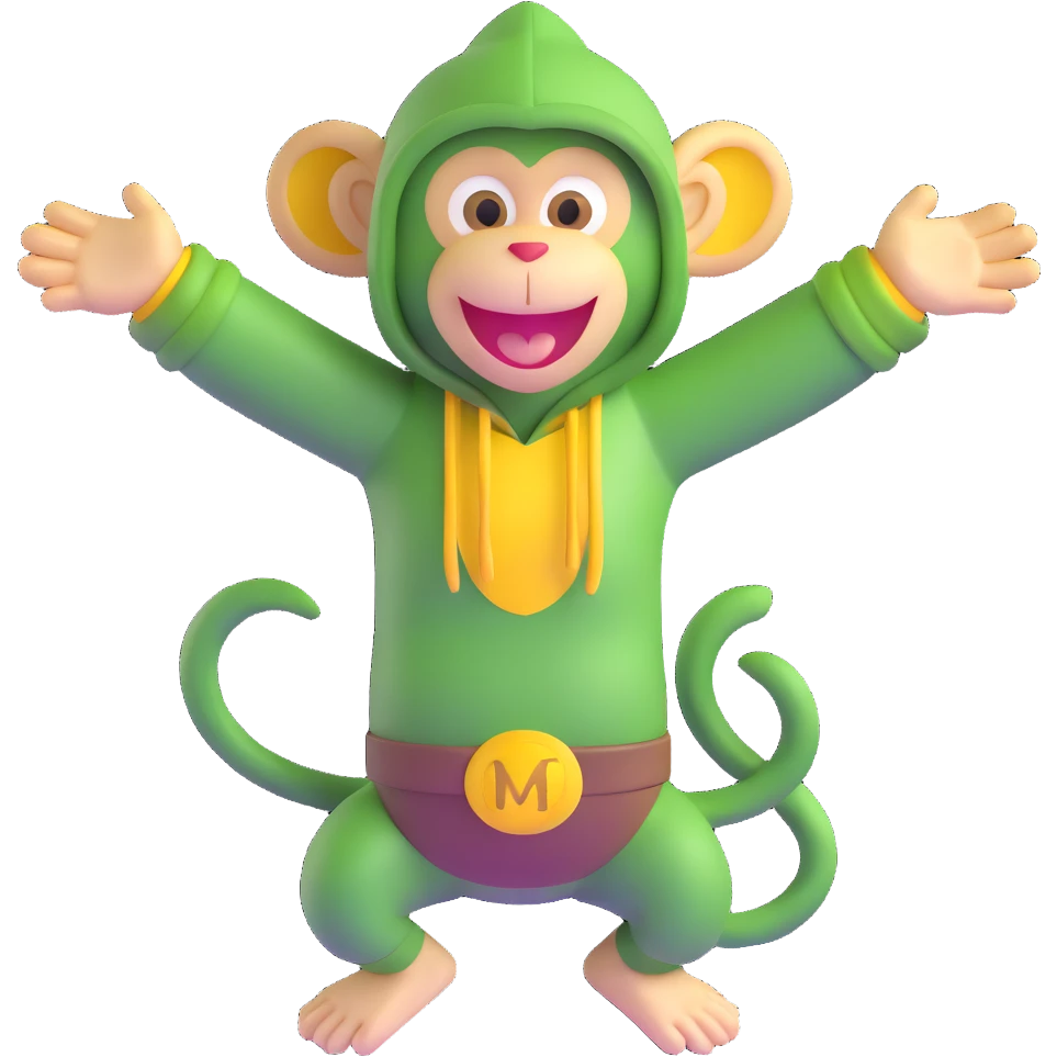 Cute 3D green monkey with big yellow ears, dark hood, and a happy face. Arms open wide, always smiling and full of energy. Friendly, fun, and curious — perfect for preschool kids. emoji