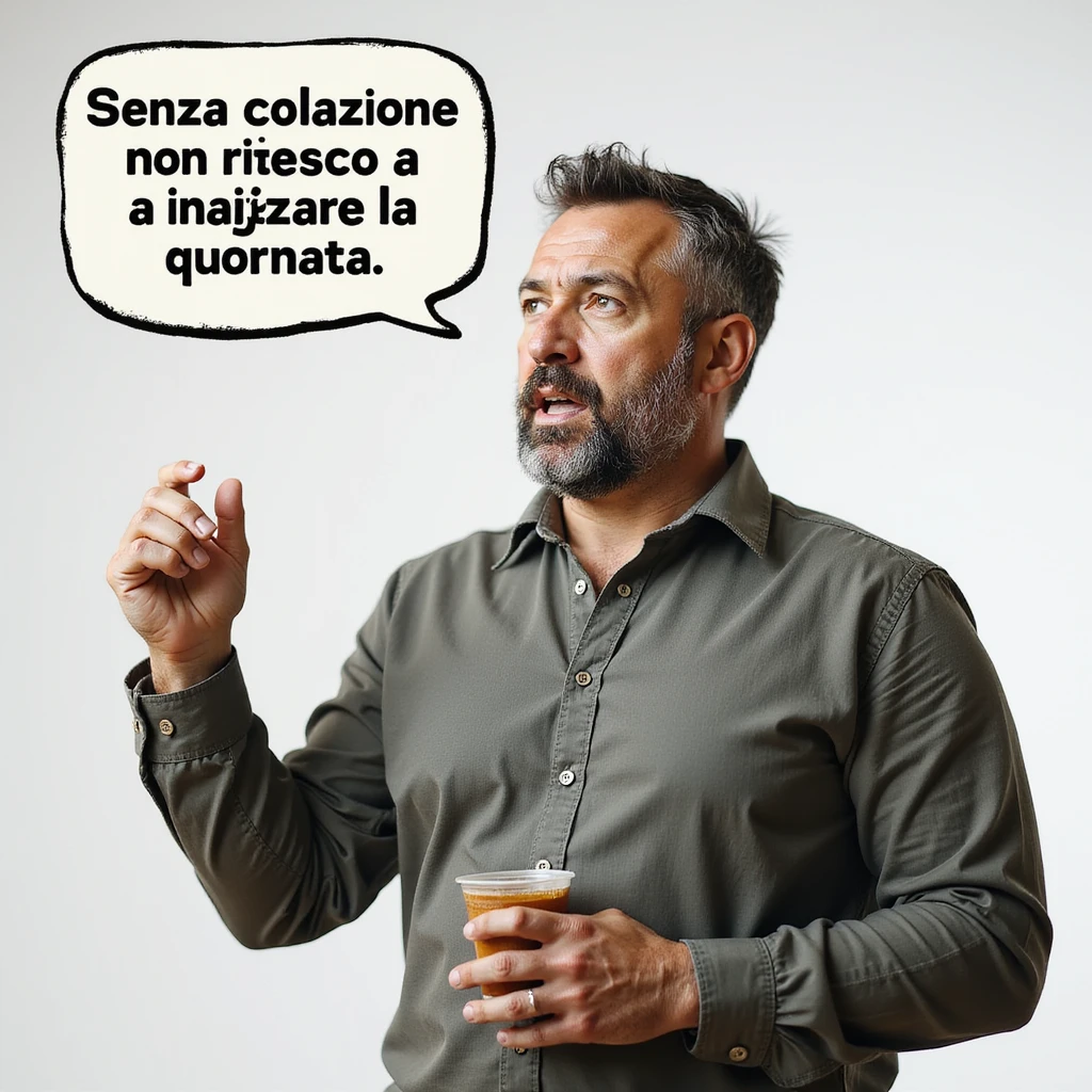 hyperrealistic 4K man isolated on white background, speech bubble saying 'Senza colazione non riesco a iniziare la giornata', relieved expression, realistic details, different pose, variant 8 emoji