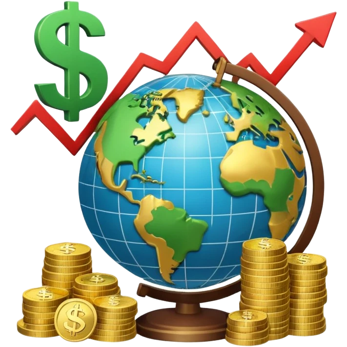 An icon featuring a calculator, a dollar sign, and a chart with upward trends, symbolizing economics. The design includes coins, bills, and a globe, representing global trade and financial systems. Transparent background highlights the study of markets, supply, and demand. emoji