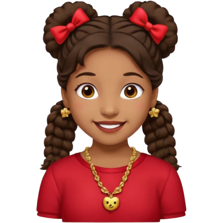 Brownskin girl dark brown hair fluffy. pigtails with red bows brown eyes smiling closed mouth red shirt gold esrrings gold necklace emoji