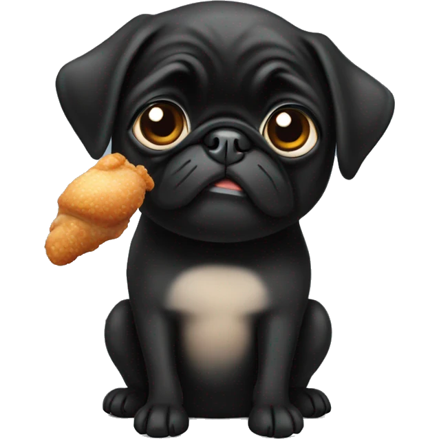 Black pug holding a chicken leg on his had emoji