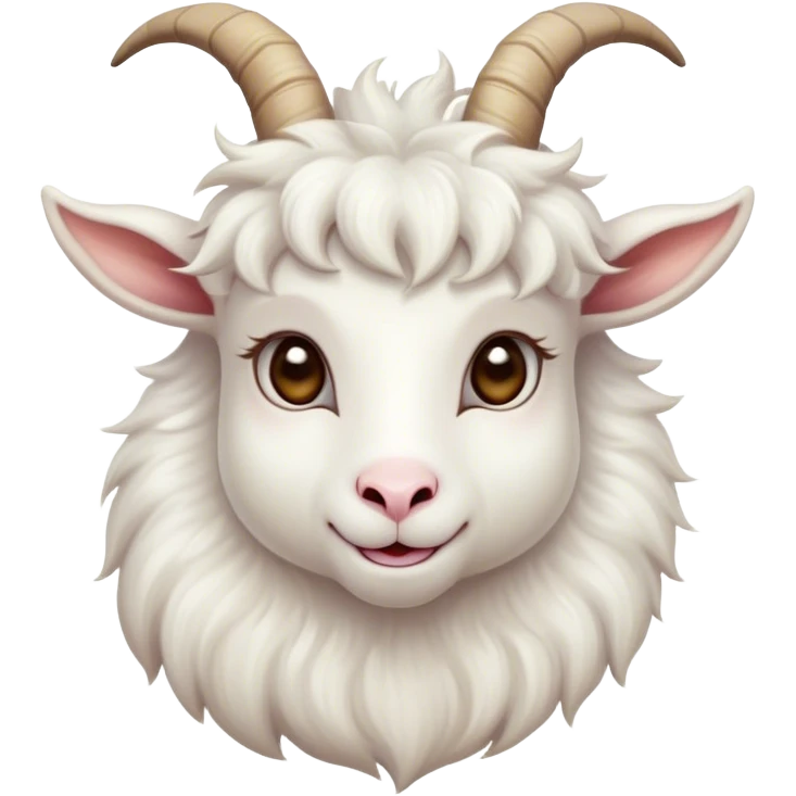 Cinematic Cute White Goat Portrait Emoji, Head tilted playfully and inquisitively, featuring a fluffy, immaculate white fur with charming curved horns, round, sparkling eyes filled with gentle curiosity, Simplified yet irresistibly adorable features, highly detailed, glowing with a warm, friendly glow, high shine, affectionate and lively, stylized with a touch of whimsical charm, bright and endearing, soft glowing outline, capturing the essence of a mischievous yet loving goat, so playful it feels like it could trot out of the screen and into your arms! emoji
