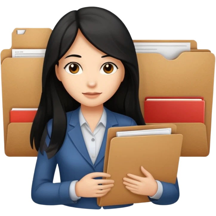 a light tan woman with long black hair past mid-back, round brown eyes and manila folder in her hands emoji
