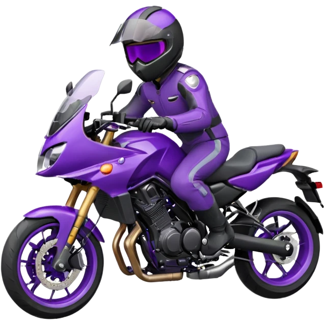 Créer un emoji avec une moto mt07 sport noir mate / violet iridescent très foncé, pare-brise de la moto violet. Avec une pilote dessus, visage masqué par la visière violette . Avec en arrière plan cercle violet. emoji