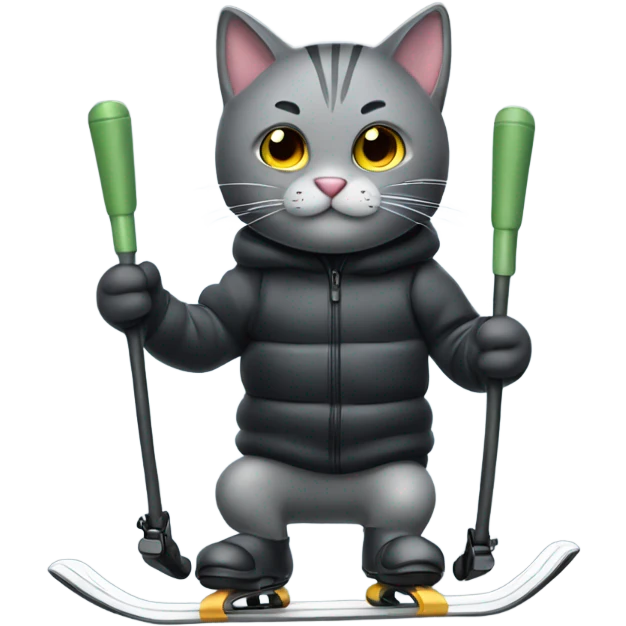 Grey black cat skiing with poles emoji