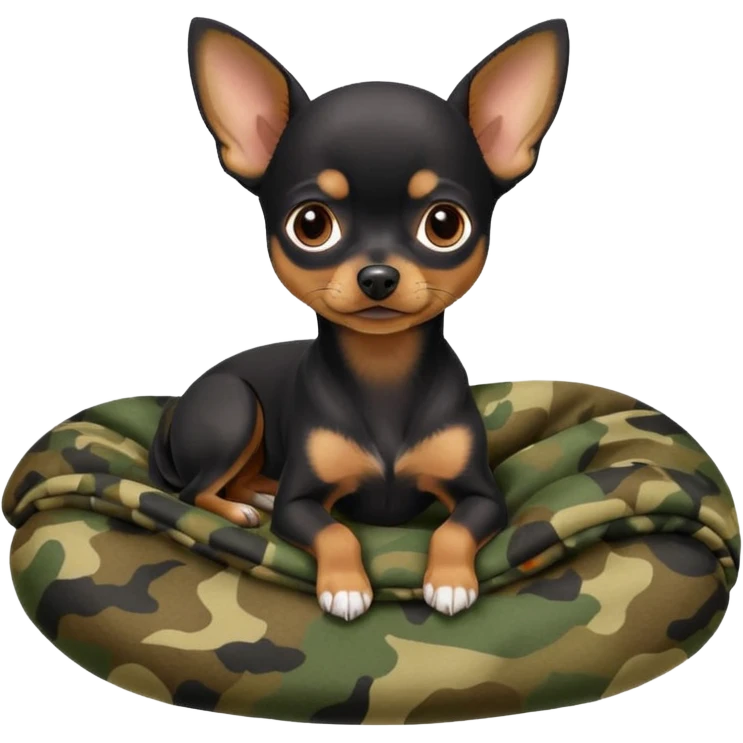 Min-Pin Chihuahua with a dark coat curled up on a camo blanket, small and alert emoji