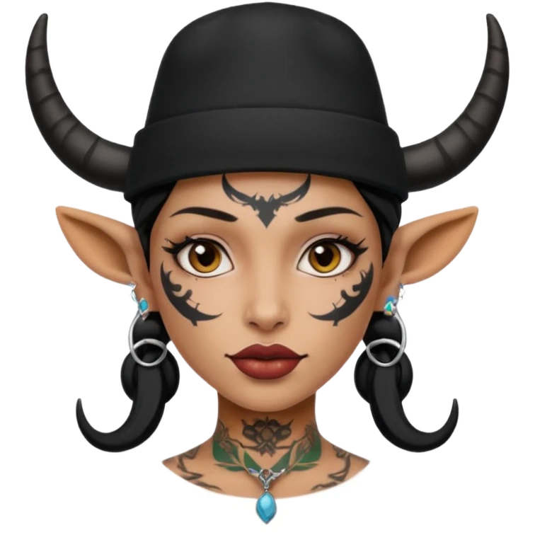 Woman with small horns — black hat, face tattoos emoji