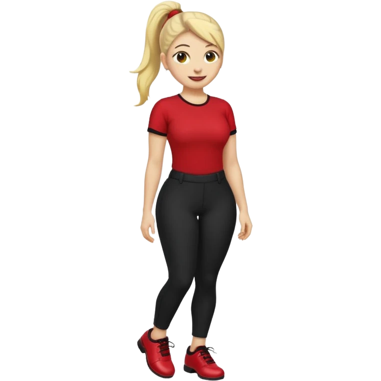 
A smiley yellow emoji (like 😊) with a ponytail, red shirt, big breasts, black pants, ass and red shoes. Also Make it more like emojis like 😀😃😇☺️😜🥰😎 emoji