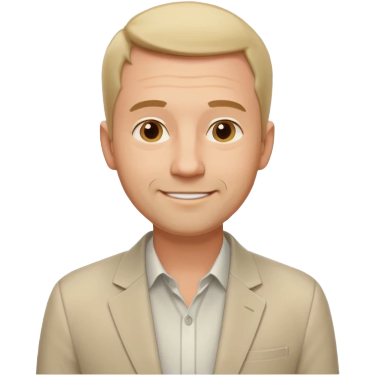 Мужчина средних лет с аккуратной короткой стрижкой и лёгкой щетиной, спокойное доброжелательное выражение лица, одет в лаконичный светлый пиджак и однотонную футболку.The benefactor emoji