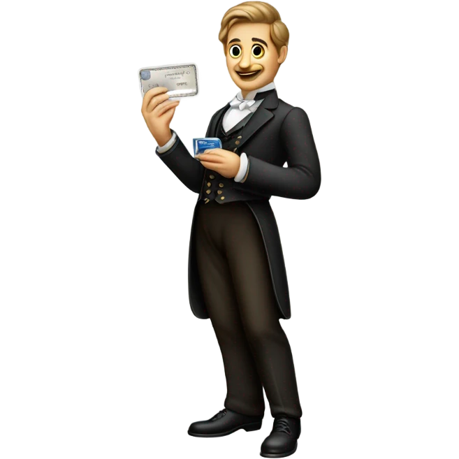 galora waiter Victorian dress elegant full body, holding big credit card emoji
