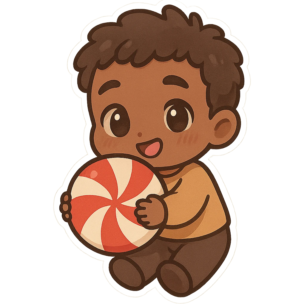 brown male chibi character holding a peppermint candy, cute and playful style emoji