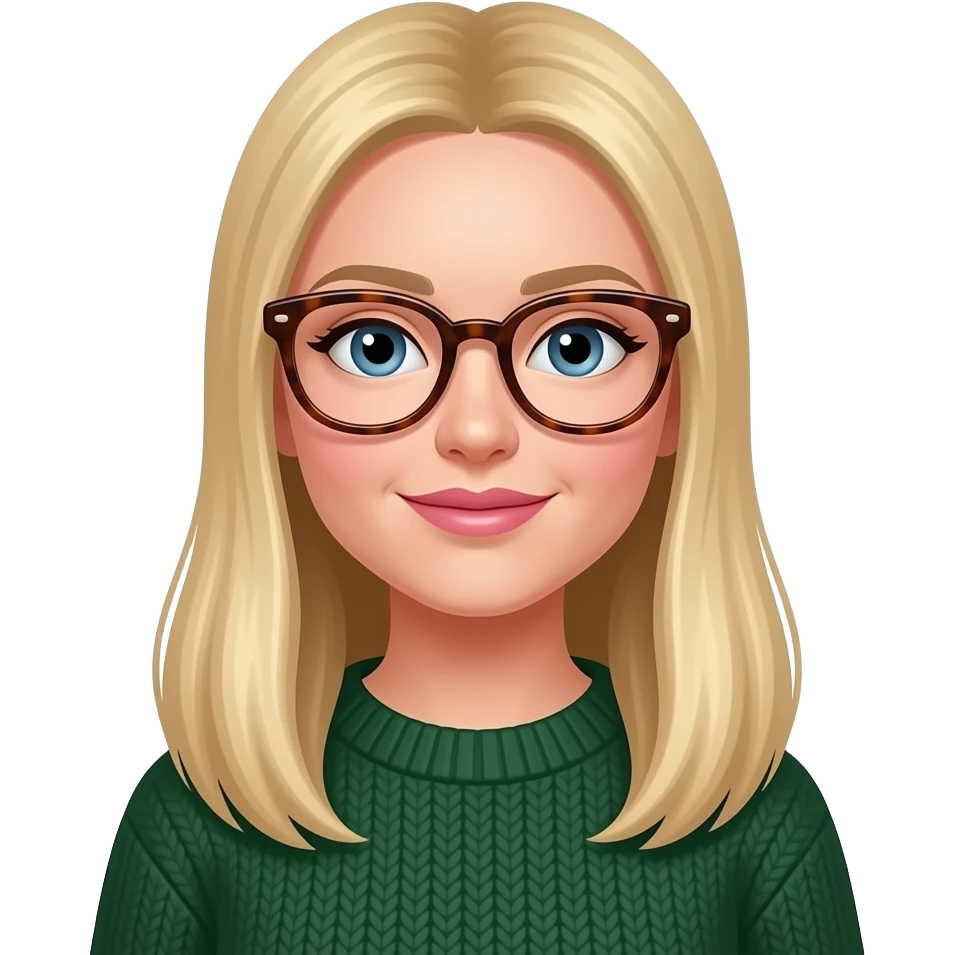 a white woman with long, straight blonde hair. she should be wearing thick rimmed tortise shell glasses, have pinker lips, wearing a dark green sweater and have almond shaped blue eyes. emoji