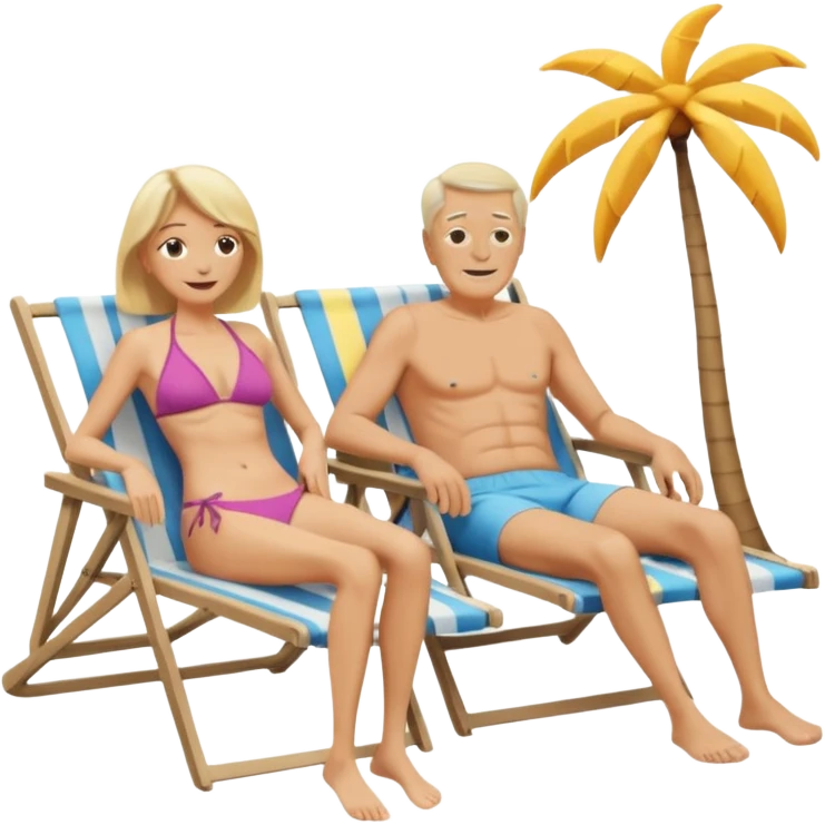 Ein Emoji, das ein älteres Paar am Strand zeigt: die Frau sehr schlank mit mittellangem, blondem Haar im Bikini, der Mann mit Bauchansatz in Badeshorts. Beide sind im Ruhestand und liegen entspannt in Liegestühlen, um sich vom Stress des Rentnerlebens zu erholen. emoji