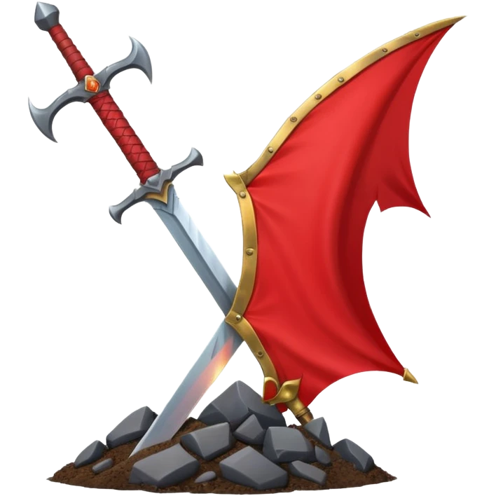 large sword inspired by Guts' sword from Berserk driven into the ground with a red banner waving behind it featuring a dragon head symbolizing the start of a hunt clean epic easily recognizable emoji style WhatsApp emoji emoji