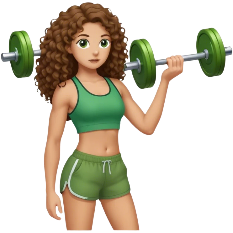 white girl with long brown curly hair in green top and shorts holding weight on her back emoji