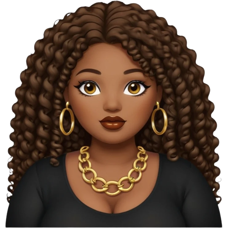 big plus size, darker skin, gold hoops, long dark brown curly hair, baddie,pretty, makeup, lipgloss, black eyeliner, long hair, black top emoji
