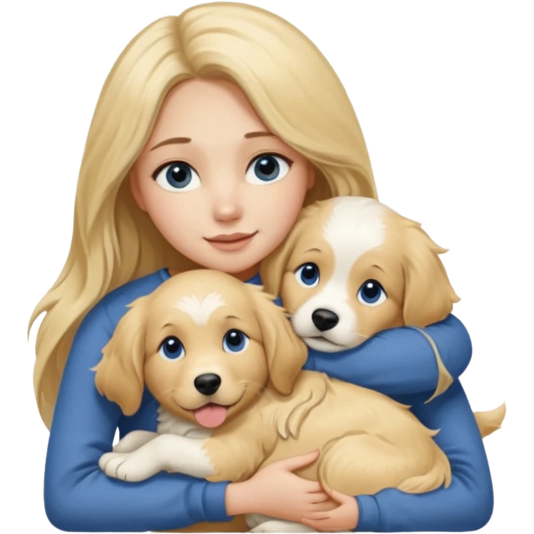 20-year-old dirty blonde woman with long hair and dark blue eyes, hugging an English cream golden retriever, affectionate and playful emoji