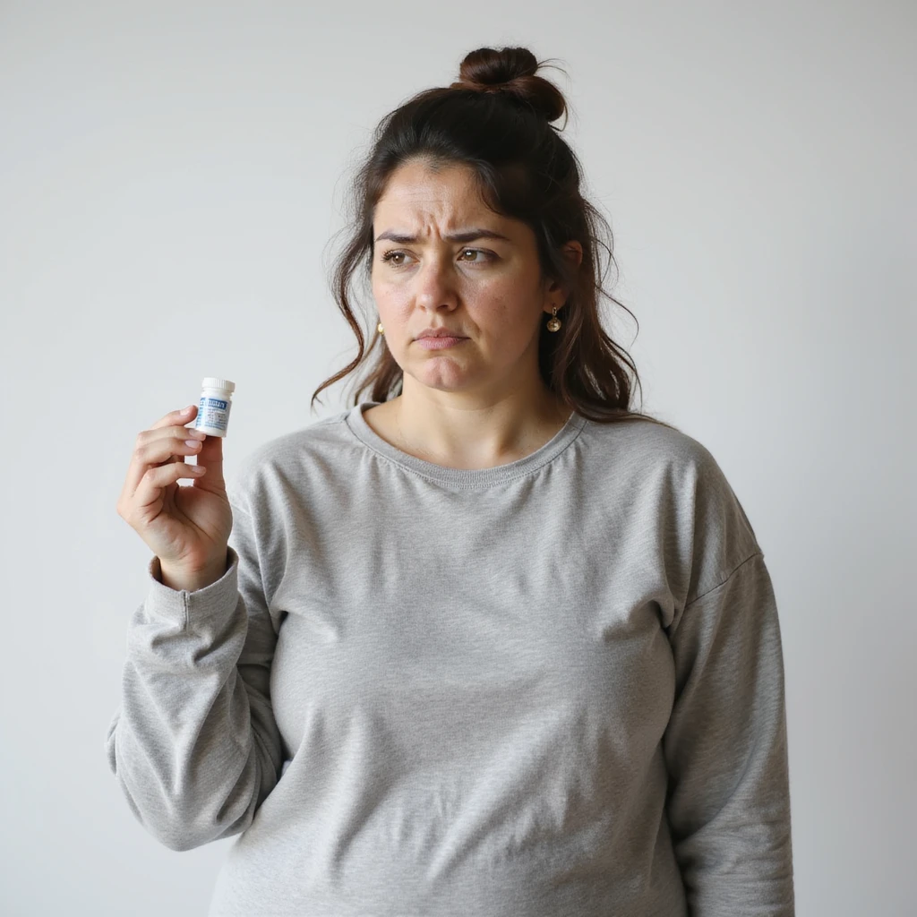 hyperrealistic 4K vertical 9:16 image of a woman with insulin resistance, tired and disappointed face, holding Metformin, slightly overweight body, isolated white background emoji
