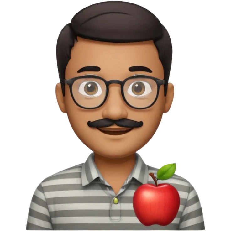 cheerful young South Asian man, short dark hair, round glasses, thick black mustache, light grey striped collared shirt, smiling, Apple emoji style, friendly and welcoming emoji