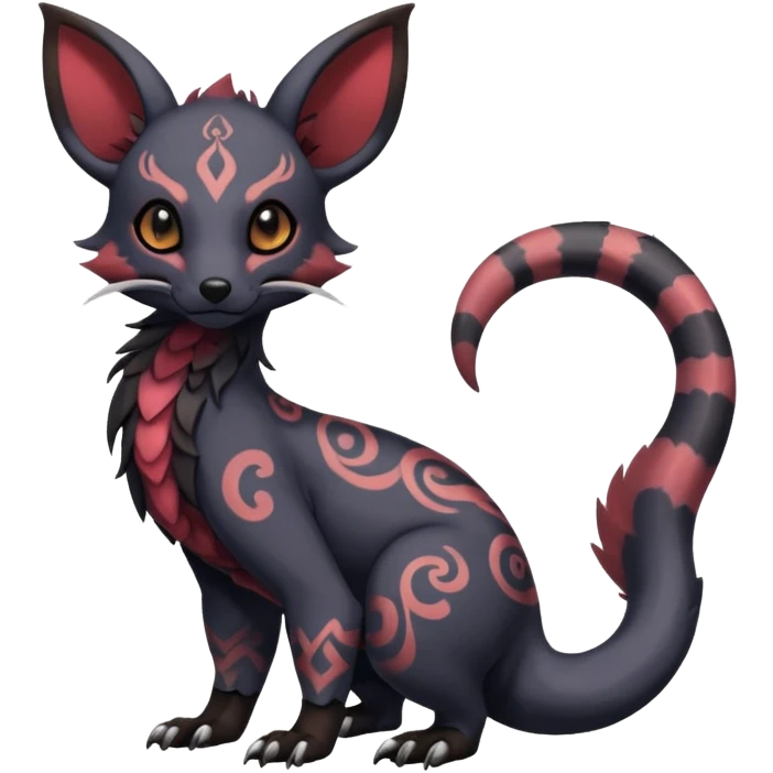 Rare warm-colored exotic cute epic aesthetic gothic colorful Salandit-Eevee-Civet-species-Fakemon-hybrid-creature, with intricate tattoo markings, full body emoji