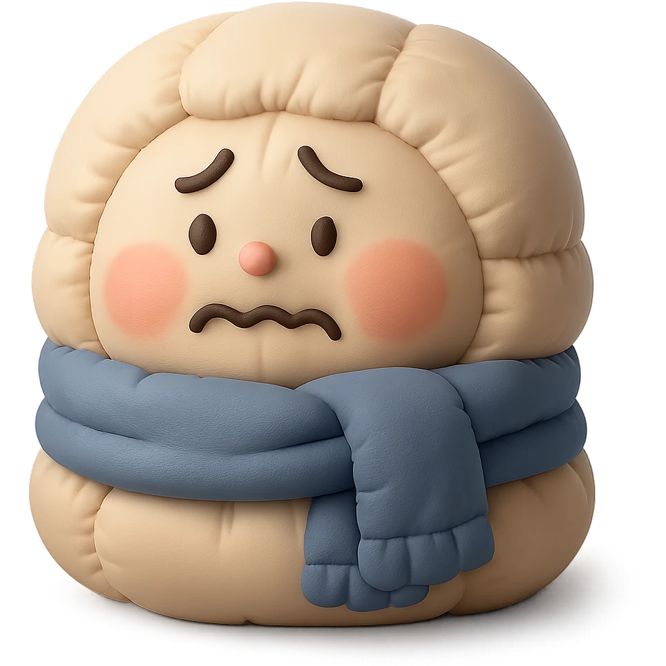 plush face with rosy cheeks, wrapped in a thick scarf, shivering, cold weather emoji