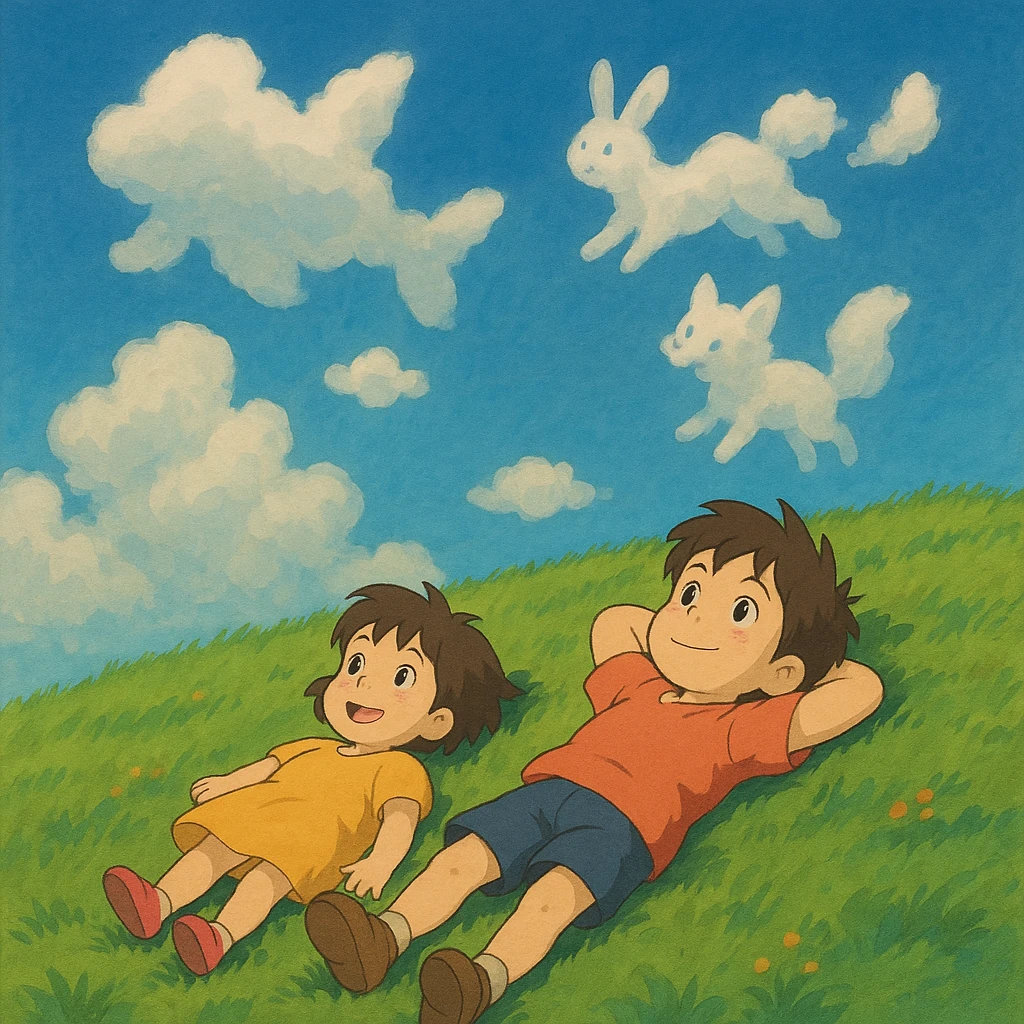 Two siblings lying on a grassy hill, gazing up at drifting cloud animals. emoji
