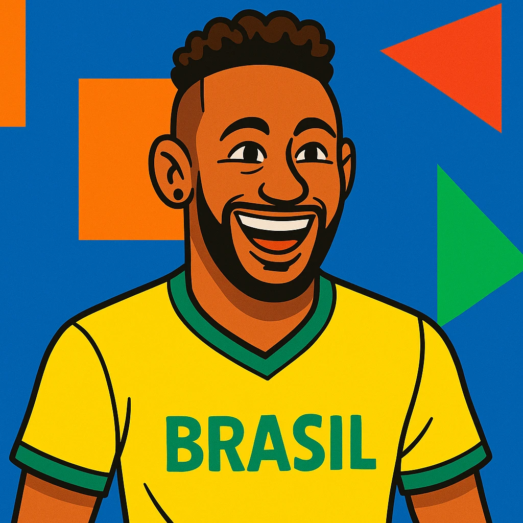 Neymar, famous Brazilian footballer, smiling, cartoon style, vibrant colors emoji