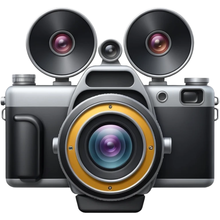 Minimal emoji icon of a huge cinematic metalic camera, front view, realistic lens, no gold emoji