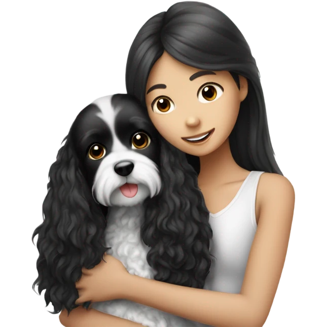 Black and white cavoodle getting hugged by long hair Asian girl emoji
