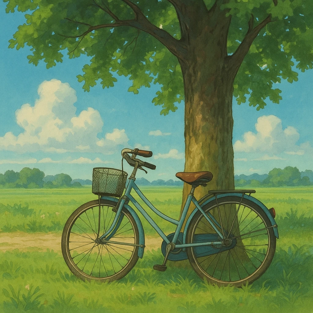 bicycle leaning against a tree, ghibli style emoji