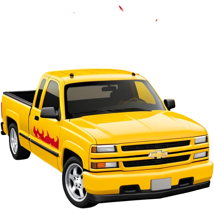 Bright yellow 1997 Chevrolet Silverado with authentic red flame print decal across the front hood, precise Kill Bill movie detail, 30-degree angle, iOS emoji style emoji