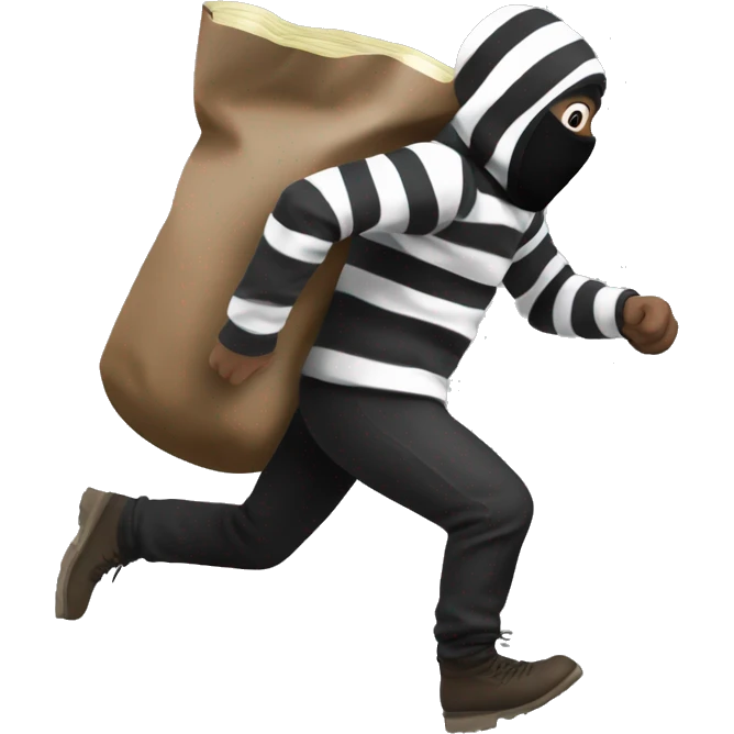 A robber in striped black and white clothes with a black ￼ski mask on running away with a brown sack of money on his back  emoji
