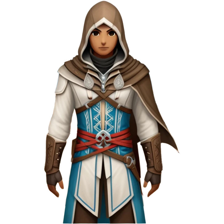 icon featuring Assasin's Creed in an iconic assassin's hood, standing tall against the backdrop of Florence. The design captures the essence of adventure, with intricate details of historical architecture and a sense of mystery. The character is poised, ready for action. transparent background. emoji