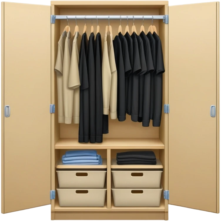 Wardrobe with both doors open showing organized collection of black shirts, khaki pants and overalls for work emoji
