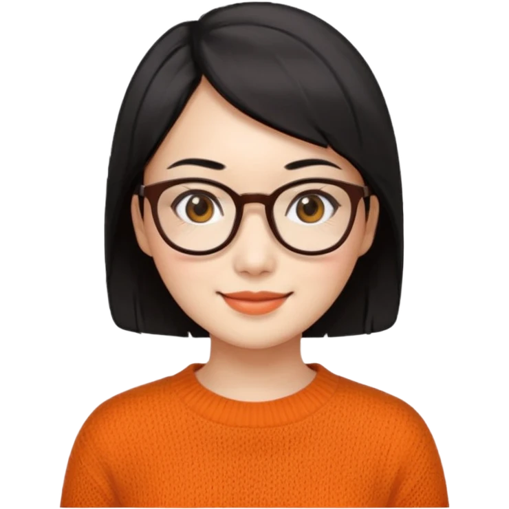 Korean 35-year-old female online marketer / white face / smiling expression / short hair / intellectual look / black hair / orange knit / brown glasses emoji
