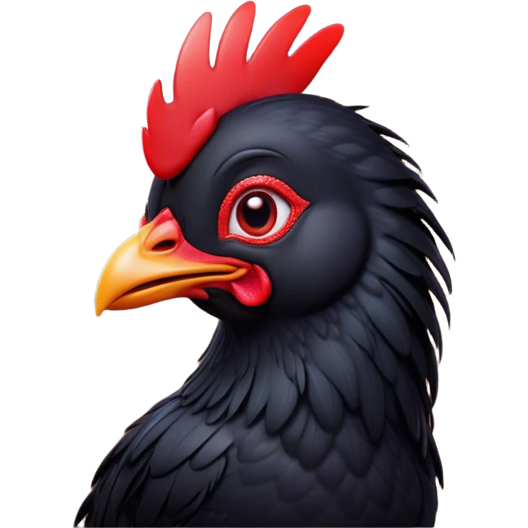 Cinematic Cute Black Chicken Portrait Emoji, Head tilted playfully and inquisitively, featuring sleek, lustrous black feathers and a vibrant red comb, round, sparkling beady eyes filled with curiosity, Simplified yet irresistibly adorable features, highly detailed, glowing with a warm, friendly glow, high shine, affectionate and lively, stylized with a touch of whimsical charm, bright and endearing, soft glowing outline, capturing the essence of a mischievous yet loving chicken, so playful it feels like it could peck out of the screen and into your arms! emoji