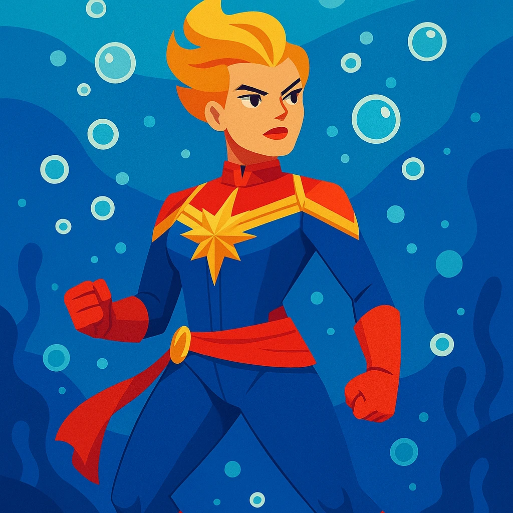 Captain Marvel underwater, heroic stance, bubbles, vibrant toon style emoji