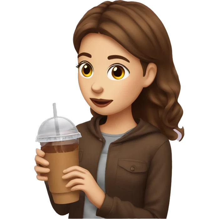 Brown haired girl sipping iced coffee emoji