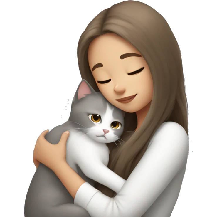 White grey cat cuddling brown long hair girl emoji