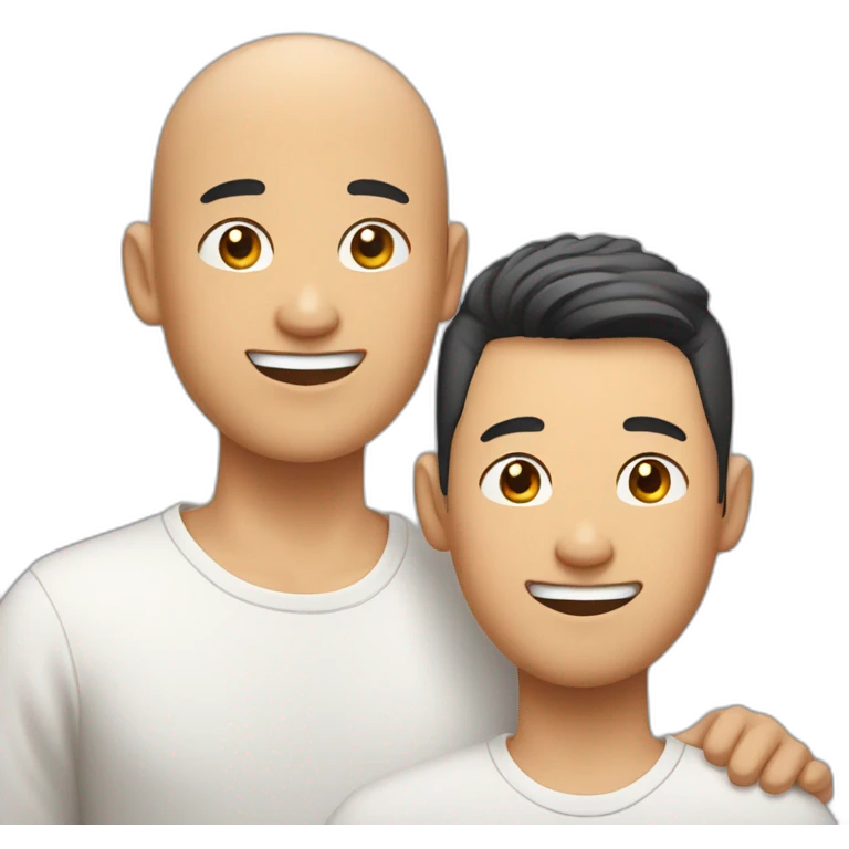 Happy asian gay couple, 1 guy with hair and 1 guy without hair emoji