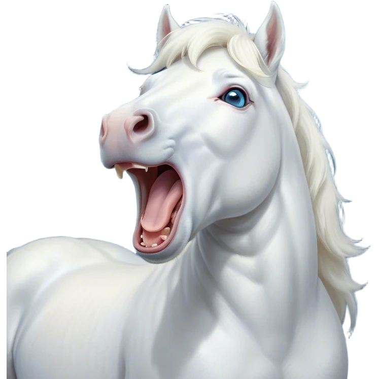 Cinematic Cute Yawning White Horse Portrait Emoji, Head tilted slightly with a dramatic, wide-open yawn, revealing a soft white fur with a subtle shimmer, floppy ears slightly drooping, round blue eyes barely open in drowsy contentment, Simplified yet irresistibly adorable features, highly detailed, glowing with a soft, cozy glow, high shine, relaxed yet expressive, stylized with a touch of whimsy, bright and endearing, soft glowing outline, capturing the essence of a sleepy yet affectionate horse, so drowsy it feels like it could stretch out of the screen and curl up for a nap! emoji