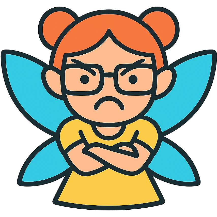angry fairy with orange hair and big squared glasses emoji