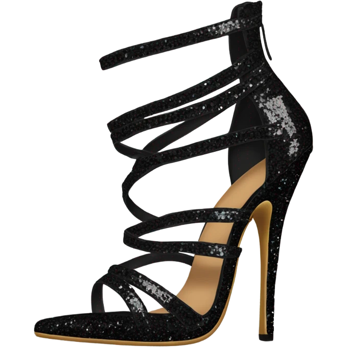 Realistic black pair of strappy shiny glitter sequin stiletto heel shoes.
 emoji